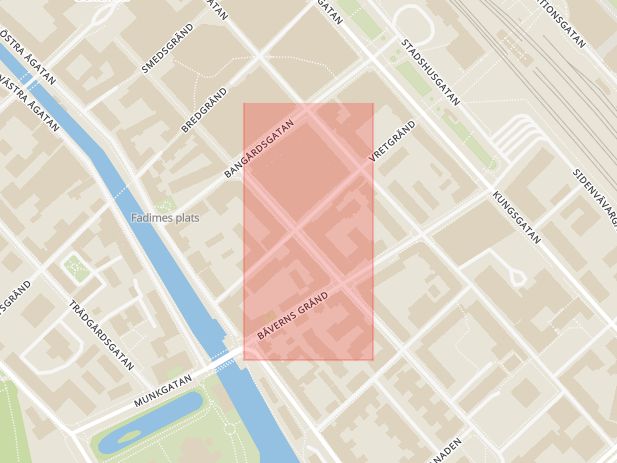 Karta som med röd fyrkant ramar in Dragarbrunnsgatan, Vretgränd, Uppsala, Uppsala län