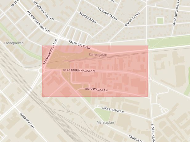 Karta som med röd fyrkant ramar in Uppsala, Enköping, Bergsbrunnagatan, Björkgatan, Traktorgatan, Malmagatan, Uppsala län