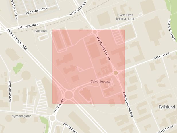 Karta som med röd fyrkant ramar in Sylveniusgatan, Uppsala, Uppsala län
