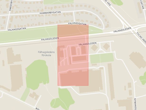 Karta som med röd fyrkant ramar in Fålhagsleden, Jordgubbsgatan, Skölsta, Uppsala, Uppsala län