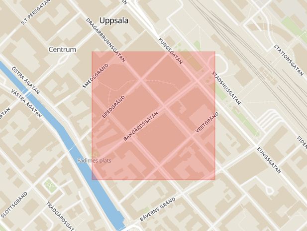 Karta som med röd fyrkant ramar in Bangårdsgatan, Uppsala, Uppsala län