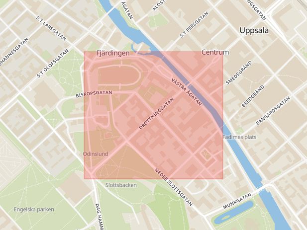 Karta som med röd fyrkant ramar in Drottninggatan, Uppsala, Uppsala län