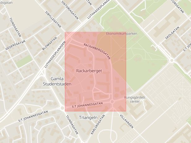 Karta som med röd fyrkant ramar in Rackarbergsgatan, Uppsala, Uppsala län