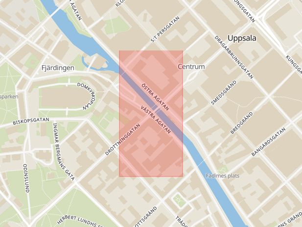 Karta som med röd fyrkant ramar in Drottninggatan, Fyristorg, Uppsala, Uppsala län