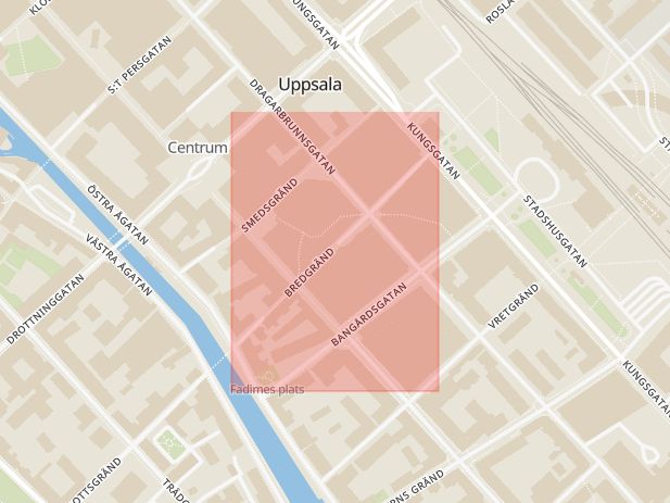 Karta som med röd fyrkant ramar in Bredgränd, Stora Torget, Uppsala, Uppsala län