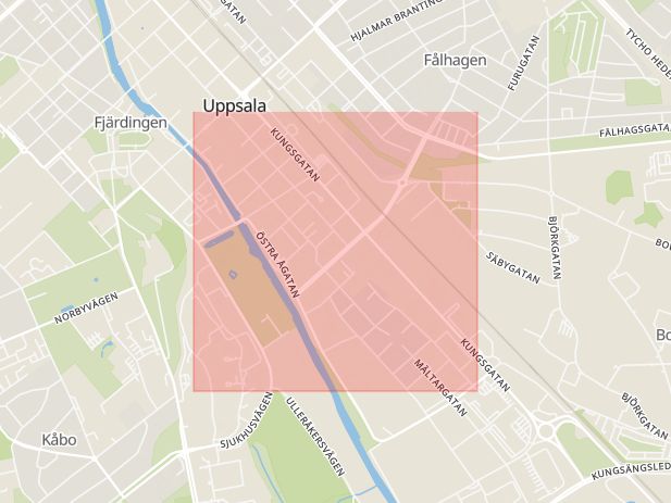 Karta som med röd fyrkant ramar in Kungsängsgatan, Uppsala, Uppsala län