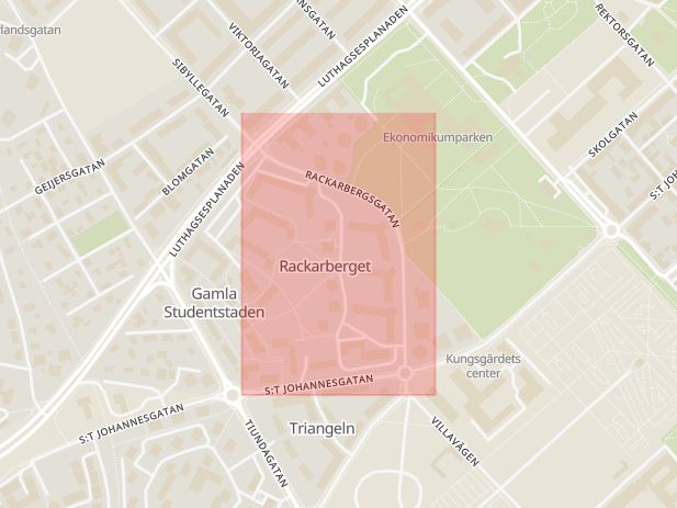Karta som med röd fyrkant ramar in Rackarbergsgatan, Uppsala, Uppsala län