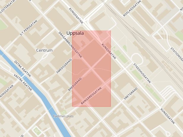 Karta som med röd fyrkant ramar in Bredgränd, Dragarbrunnsgatan, Uppsala, Uppsala län