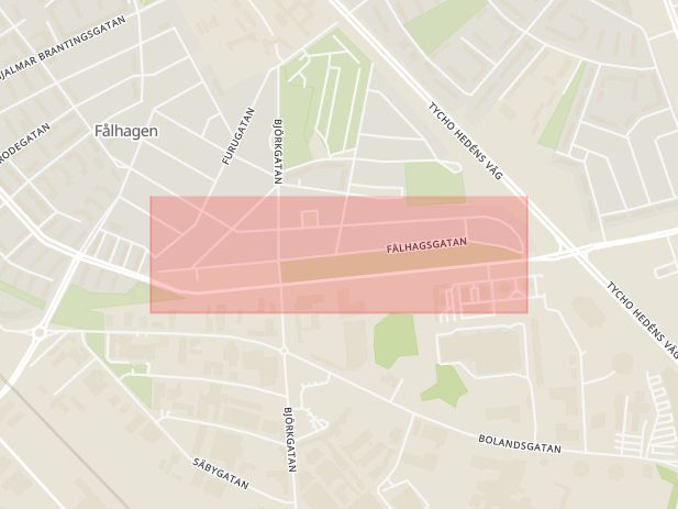 Karta som med röd fyrkant ramar in Fålhagsgatan, Tycho Hedéns Väg, Boländerna, Rapsgatan, Uppsala, Uppsala län
