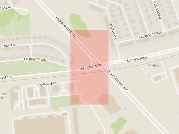 Karta som med röd fyrkant ramar in Vägkorsning, Fålhagsleden, Tycho Hedéns Väg, Uppsala, Uppsala län