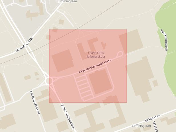 Karta som med röd fyrkant ramar in Axel Johanssons Gata, Uppsala, Uppsala län