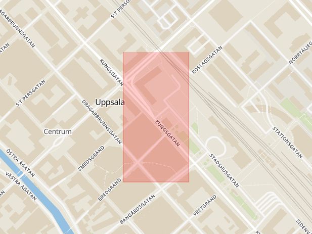 Karta som med röd fyrkant ramar in Kungsgatan, Stadshusgatan, Uppsala, Uppsala län