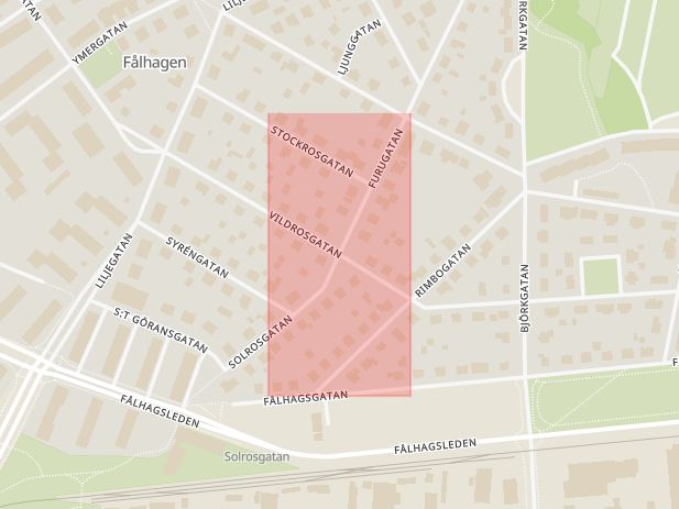 Karta som med röd fyrkant ramar in Vildrosgatan, Solrosgatan, Uppsala, Uppsala län