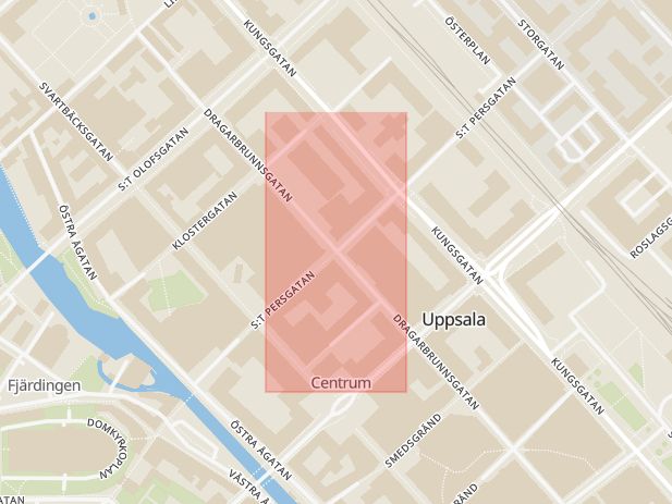 Karta som med röd fyrkant ramar in Persgatan, Dragarbrunnsgatan, Uppsala, Uppsala län