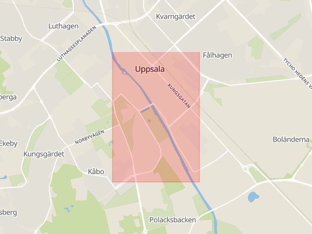 Karta som med röd fyrkant ramar in Östra Ågatan, Uppsala, Uppsala län