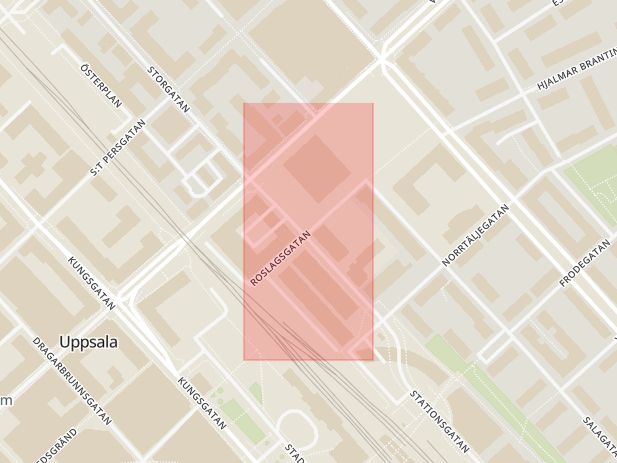 Karta som med röd fyrkant ramar in Roslagsgatan, Uppsala, Uppsala län