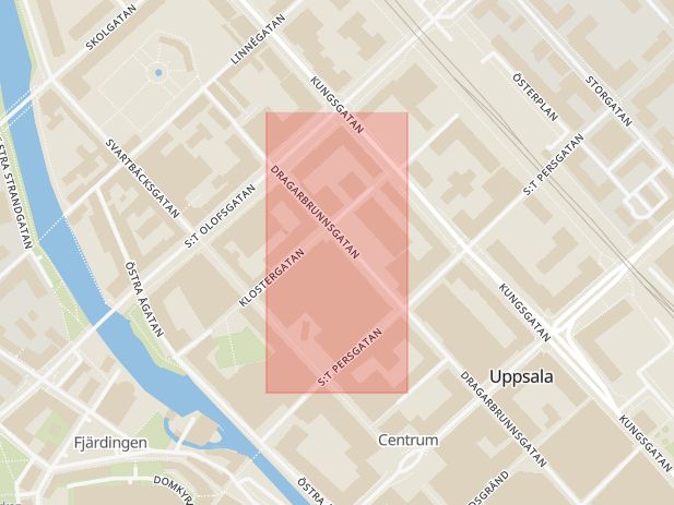 Karta som med röd fyrkant ramar in Dragarbrunnsgatan, Boten, Uppsala, Uppsala län