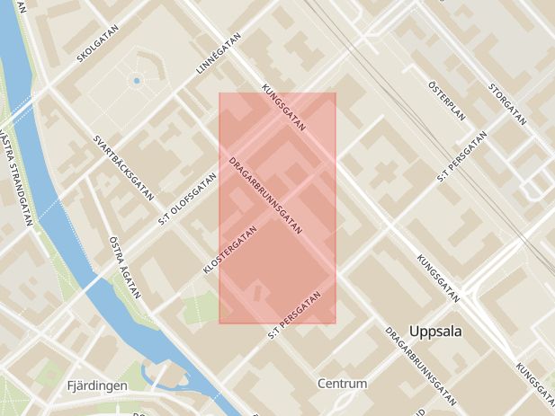 Karta som med röd fyrkant ramar in Dragarbrunnsgatan, Klostergatan, Uppsala, Uppsala län