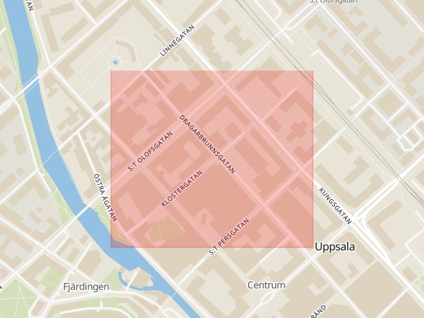 Karta som med röd fyrkant ramar in Klostergatan, Uppsala, Uppsala län
