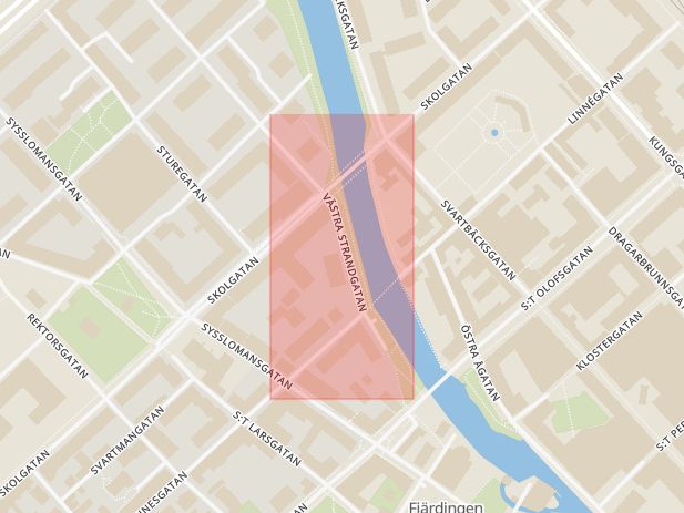 Karta som med röd fyrkant ramar in Västra Strandgatan, Uppsala, Uppsala län