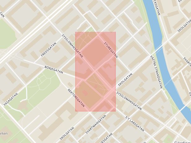 Karta som med röd fyrkant ramar in Sysslomansgatan, Torsgatan, Uppsala, Uppsala län