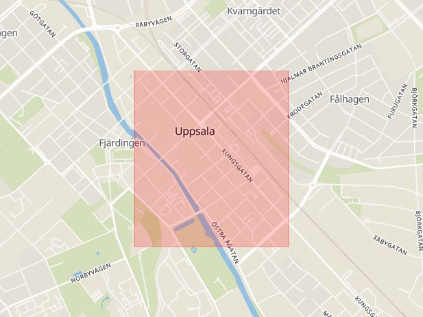 Karta som med röd fyrkant ramar in Dragarbrunnsgatan, Uppsala, Uppsala län