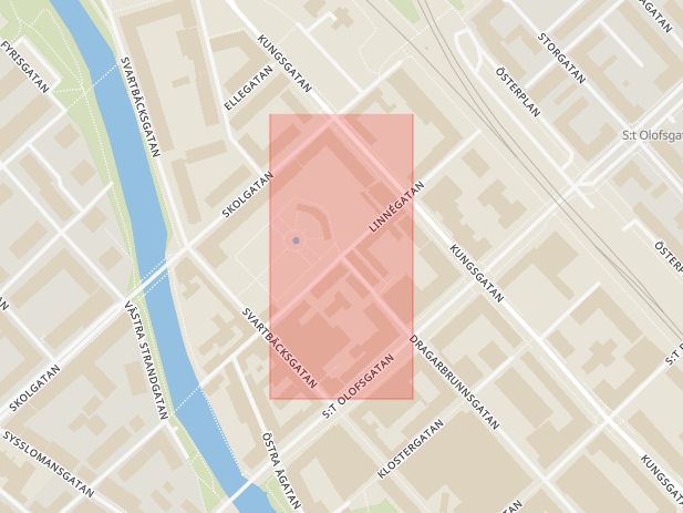Karta som med röd fyrkant ramar in Dragarbrunnsgatan, Linnégatan, Uppsala, Uppsala län