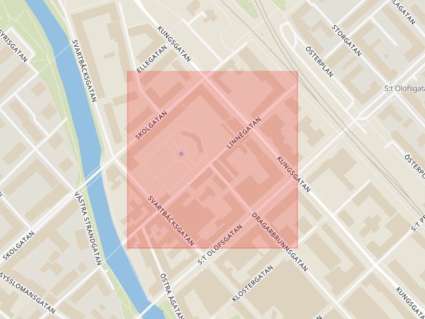 Karta som med röd fyrkant ramar in Linnégatan, Olofsgatan, Uppsala, Uppsala län
