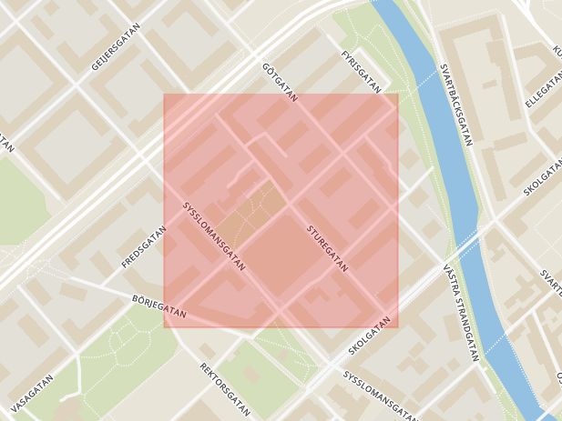 Karta som med röd fyrkant ramar in Odensgatan, Uppsala, Uppsala län