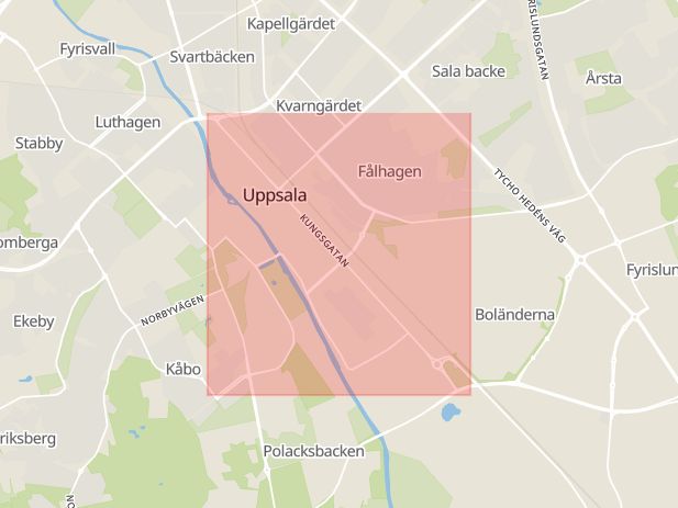 Karta som med röd fyrkant ramar in Kungsgatan, Uppsala, Uppsala län