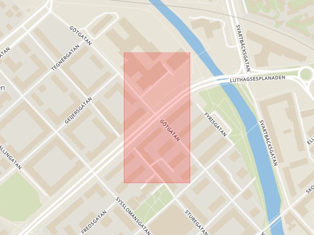 Karta som med röd fyrkant ramar in Luthagsesplanaden, Götgatan, Uppsala, Uppsala län