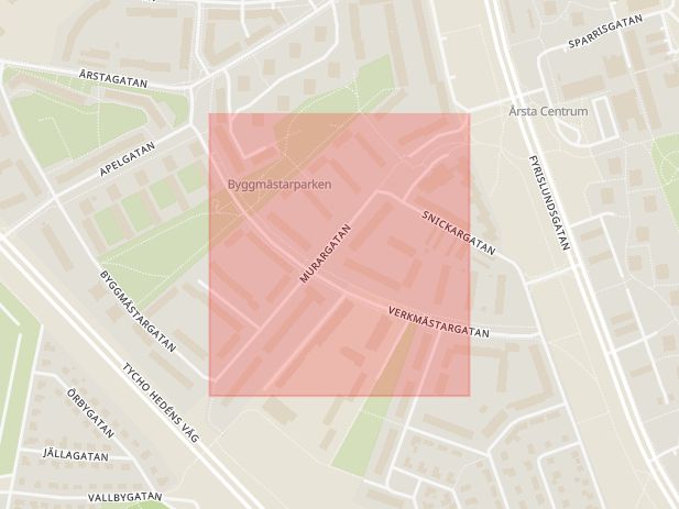 Karta som med röd fyrkant ramar in Murargatan, Sala Backe, Kvarngärdet, Uppsala, Uppsala län