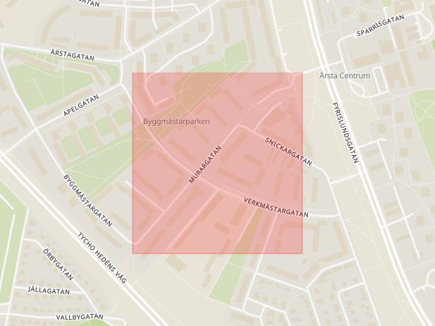 Karta som med röd fyrkant ramar in Murargatan, Hedens Väg, Uppsala, Uppsala län