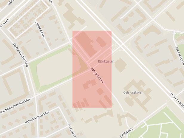Karta som med röd fyrkant ramar in Björkgatan, Hjalmar Brantingsgatan, Uppsala, Uppsala län