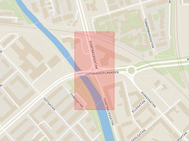 Karta som med röd fyrkant ramar in Råbyvägen, Svartbäcksgatan, Uppsala, Uppsala län