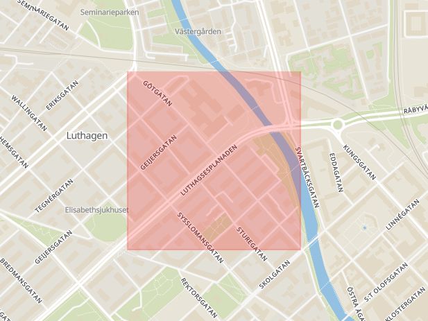 Karta som med röd fyrkant ramar in Götgatan, Uppsala, Uppsala län