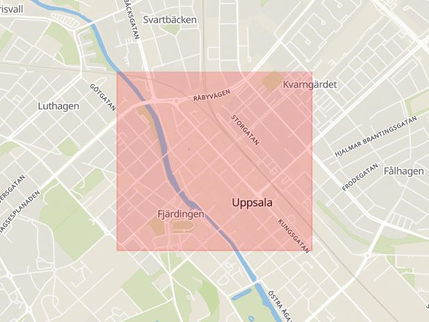 Karta som med röd fyrkant ramar in Sankt Olofsgatan, Uppsala, Uppsala län