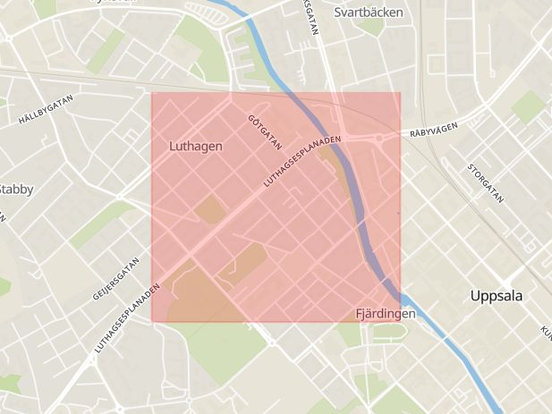 Karta som med röd fyrkant ramar in Sysslomansgatan, Uppsala, Uppsala län