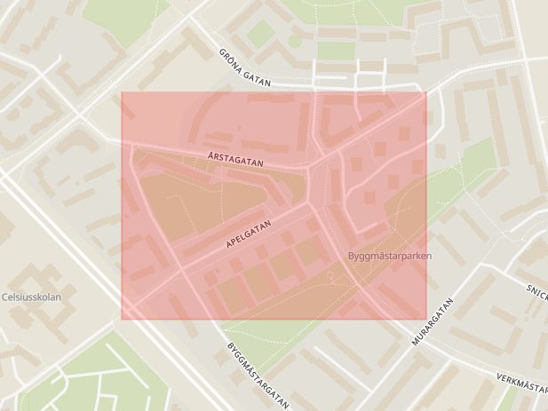 Karta som med röd fyrkant ramar in Apelgatan, Uppsala, Uppsala län