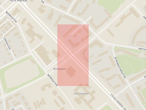 Karta som med röd fyrkant ramar in Tycho Hedéns Väg, Hjalmar Brantingsgatan, Uppsala, Uppsala län