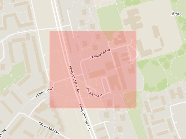 Karta som med röd fyrkant ramar in Sparrisgatan, Uppsala, Uppsala län