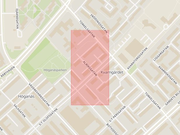Karta som med röd fyrkant ramar in Alriksgatan, Kvarngärdet, Uppsala, Uppsala län