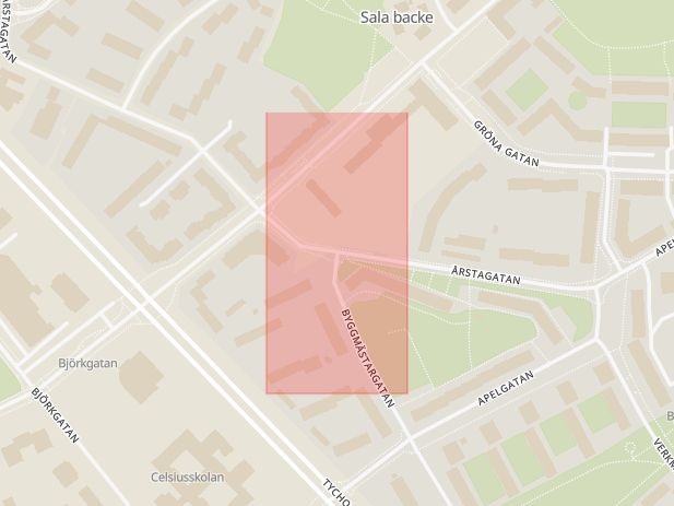 Karta som med röd fyrkant ramar in Byggmästargatan, Årstagatan, Sala Backe, Uppsala, Uppsala län