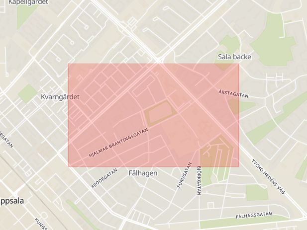 Karta som med röd fyrkant ramar in Fålhagen, Hjalmar Brantingsgatan, Uppsala, Uppsala län