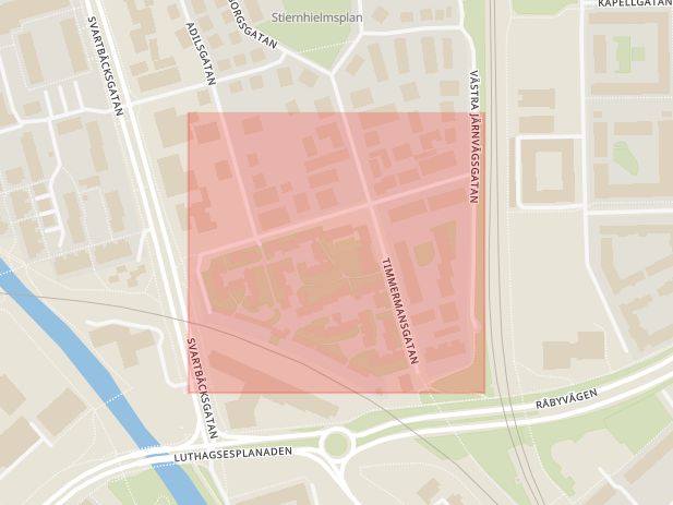 Karta som med röd fyrkant ramar in Repslagaregatan, Uppsala, Uppsala län