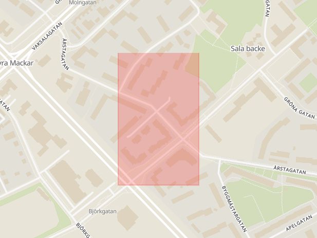 Karta som med röd fyrkant ramar in Kastanjegatan, Uppsala, Uppsala län