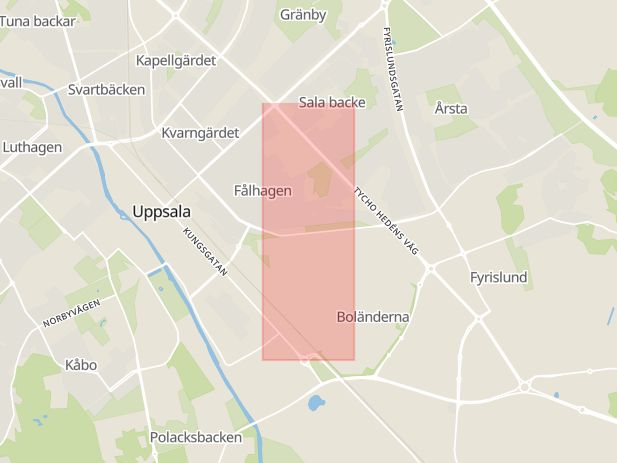 Karta som med röd fyrkant ramar in Björkgatan, Uppsala, Uppsala län