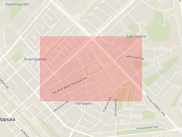 Karta som med röd fyrkant ramar in Hjalmar Brantingsgatan, Uppsala, Uppsala län