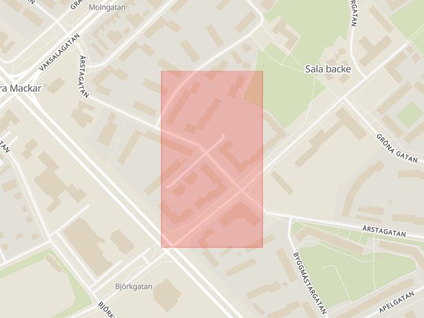 Karta som med röd fyrkant ramar in Kastanjegatan, Sala Backe, Uppsala, Uppsala län