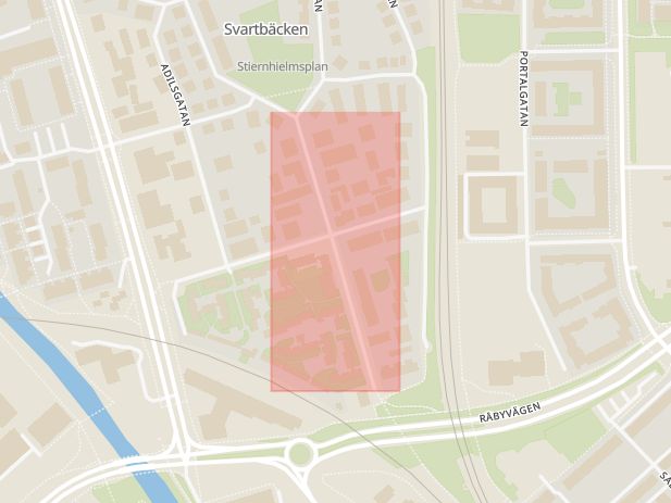 Karta som med röd fyrkant ramar in Timmermansgatan, Swedenborgsgatan, Uppsala, Uppsala län
